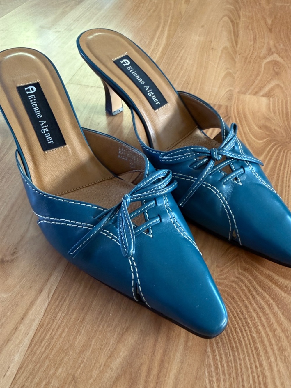Y2K vintage leather mules Etienne Aigner Teal Pointed-Toe Slip-On Mules with Bow